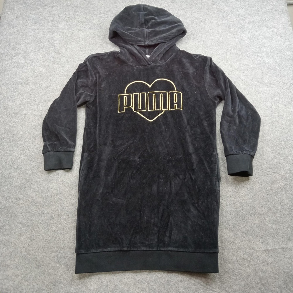 Puma Hoodie Dress Girls Large 12-14 Black Velour Heart Logo‎ Sweatshirt